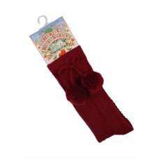 S355-BU: Burgundy Knee Length Socks w/Pom Pom (0-24 Months)